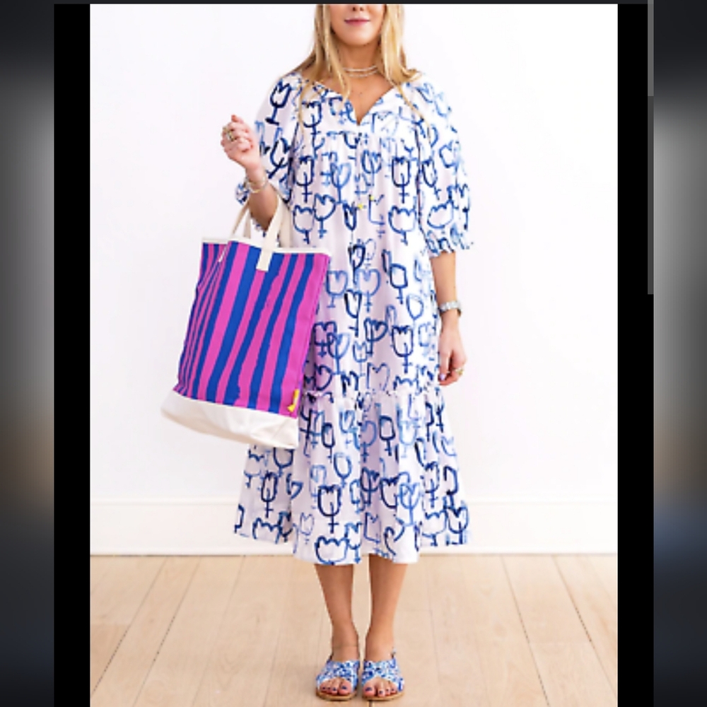 Kerri Rosenthal Joan Midi Dress Waves Blue and White Size Xs